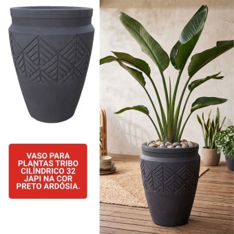 Vaso Para Plantas Tribo Cilíndrico 32 Preto Ardósia - Japi