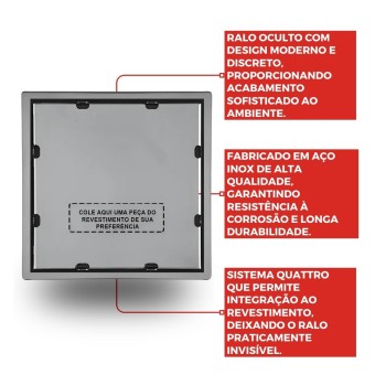Ralo Inox 10x10cm Quattro Oculto Quadrado - Mozaik