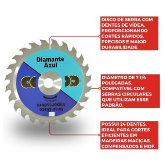 Disco De Serra Com Videa Para Madeira 7 1/4/ 24 Dentes - Diamante Azul